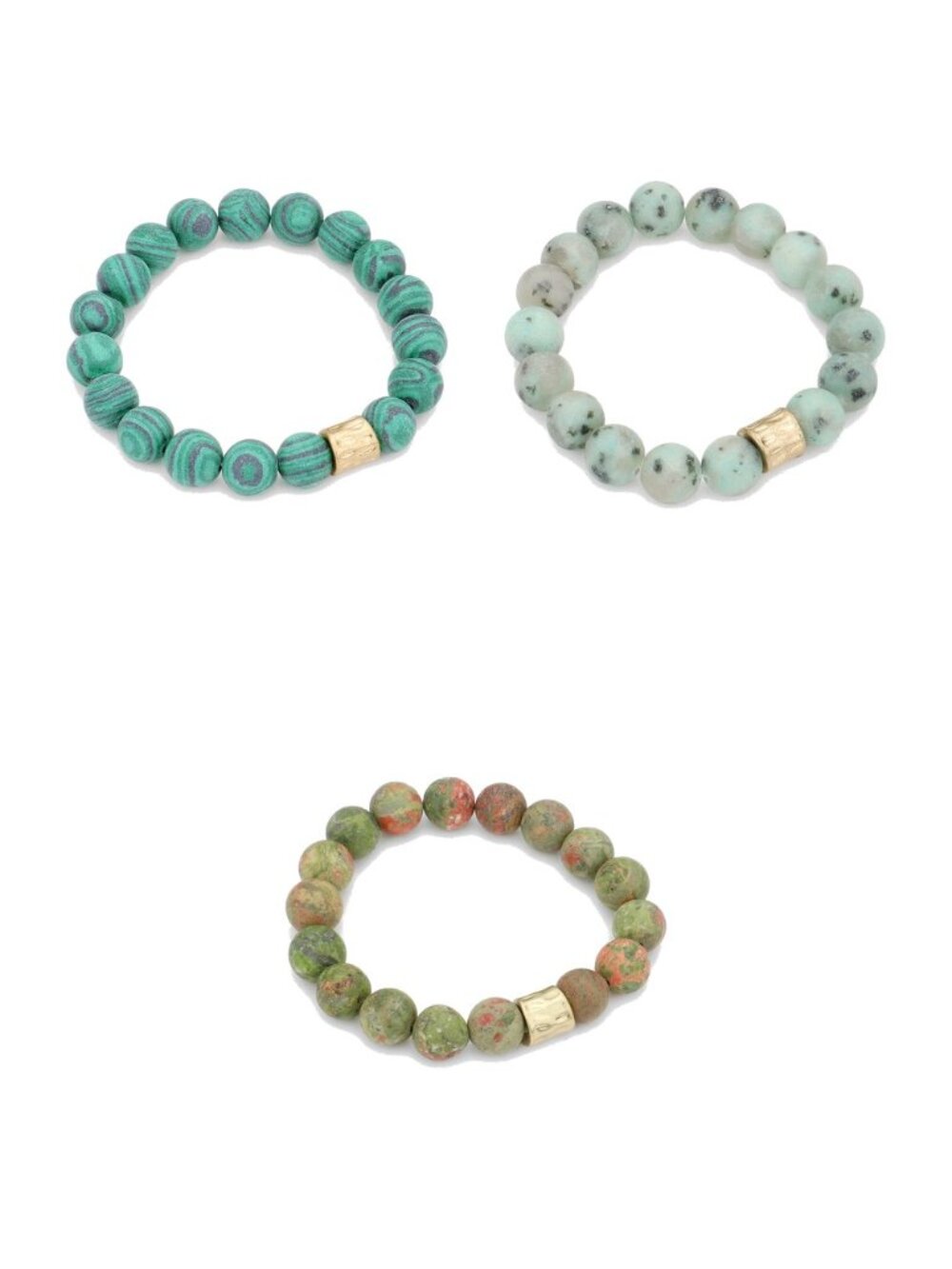 3 Bracelet Stack - Green Malachite, Kiwi Jasper, Unakite Semi Precious Stone Set